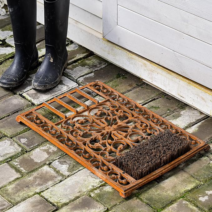 Sungmor Outdoor Cast Iron Doormat, Vintage Boot Scraper with Brushes, Rust Rectangle Shoe Scraper Mat, 22.8" Heavy Duty Decorative Shoe Cleaning Mat for Front Door, Entrance, Garden