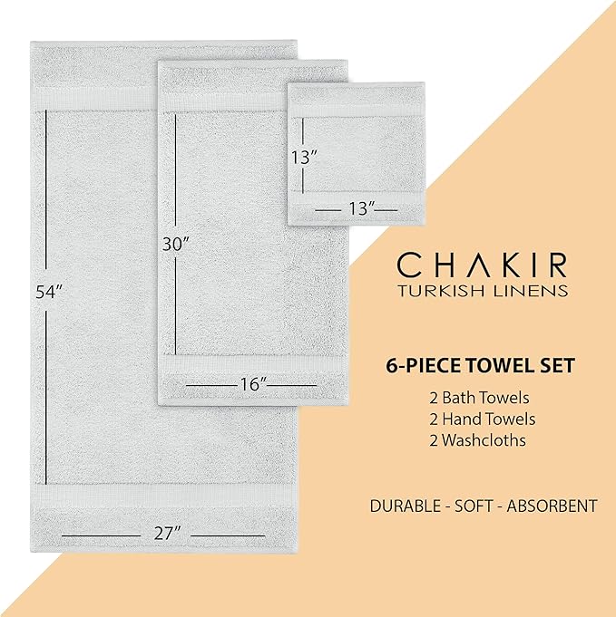 Chakir Turkish Linens 6 Piece Towels Set, 100% Cotton Luxury Turkish Towels for Bathroom, Soft Absorbent Bath Towel Set with 2 Bath Towels 2 Hand Towels 2 Washcloths, Silver Gray