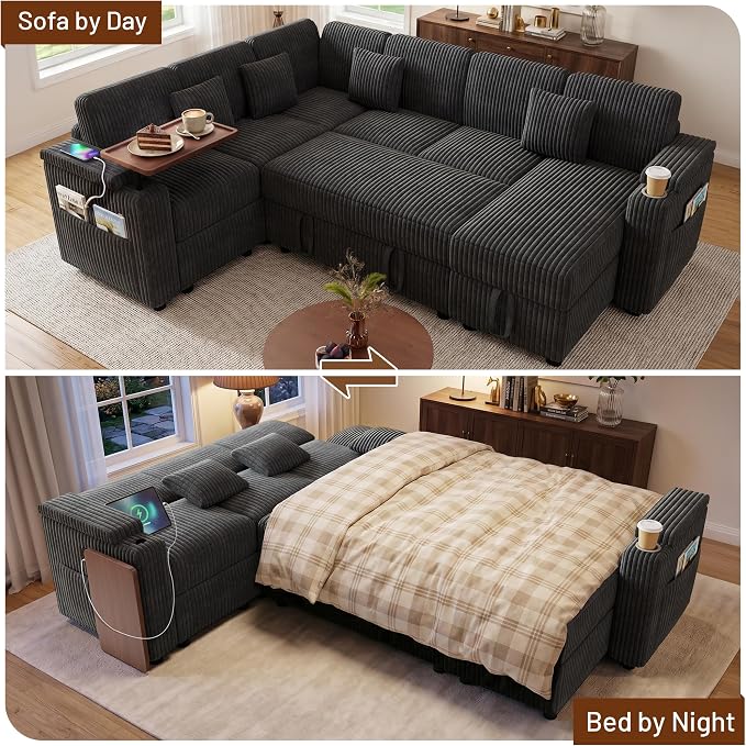 L-Shaped Sectional Sleeper Sofa with Pull Out Bed, Dark Grey | Plush Corduroy, Reclining Backrest, Storage Chaise, Usb Ports, Cup Holders & Table – Modular Cloud Couch for Living Room