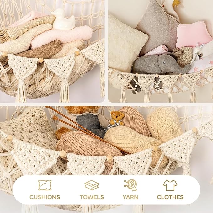 TIDYTEDS XL Stuffed Animal Hammock – Handcrafted Corner Net, 4mm Double Macrame Cord, 100% Natural Cotton Plushie Holder with LED Light (Ice Cream)