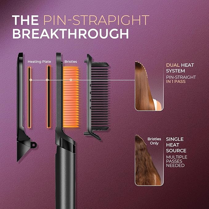 TYMO Flat Iron Hair Straightener Brush 2 in 1, 200M Ions Hair Straighteners for Women, Ceramic Straightening Hot Comb for Anti-Frizz Straights, Waves, Curl, 3X Less Heat Damage, Dual Voltage,Rose Gold