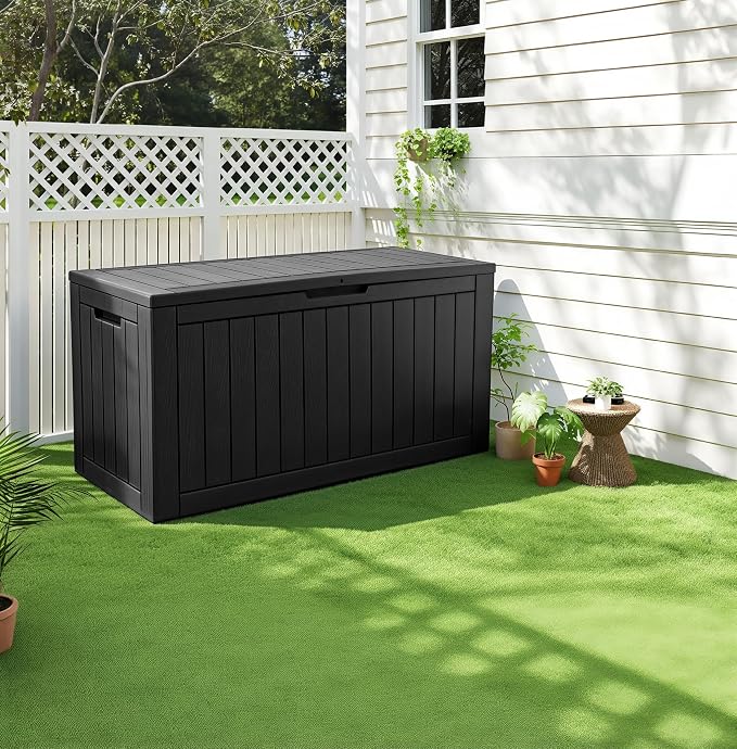 97 Gallon Waterproof Large Resin Deck Box, Lockable Large Outdoor Storage Box Indoor Outdoor Storage Container for Patio Cushions, Gardening Tools, Pool Supplies, Black