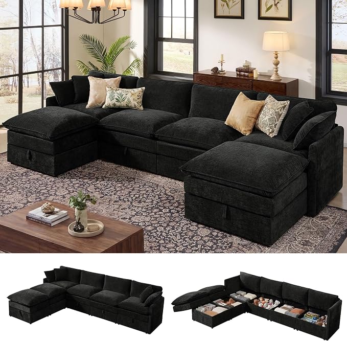 Ihanherry 135” Modular Sectional Sofa with Storage, U Shaped Cloud Couch with Movable Ottomans & 4 Pillows, Chenille Deep Seat Sectional Couches for Living Room, Apartment (Black)