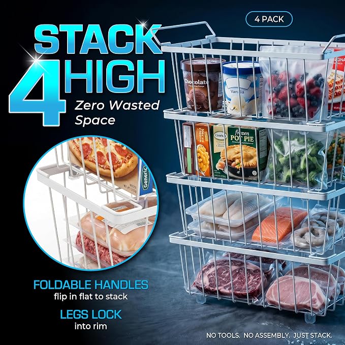 Deep Freezer Organizer Bins 4-Pack Black with Portable Heat Sealer & Reusable PEVA Bags, Heavy-Duty Stackable Chest Freezer Storage Baskets,15 x 7 x 6 in, White
