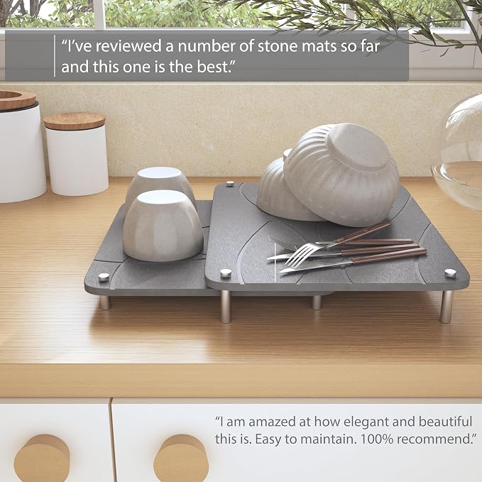 Nested Dish Drying Stone Mat with Bamboo Rack | Large 16"x12" Dish Drying Mat plus 13"x12" Diatomaceous Earth Stone Mat | Expands to 29” x 12” | Premium Stone Mat for Kitchen Counter (Dark Gray)