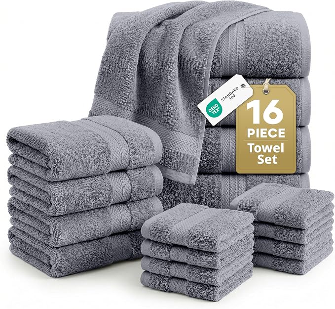 LANE LINEN Towel Set for Bathroom 16 Piece Soft Absorbent - Cool Grey | Towels And Washcloths Sets - Oversized & Roomy, Lightweight & Breathable, Fade-Resistant Color, Classic Terry Weave