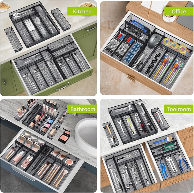 Neudeco Drawer Organizer Set, Black Mesh, 6 Pack | 5-Compartment Silverware Organizer Tray, 5 Utensil Trays, For Flatware, Cutlery, Office Supplies, Non-Slip