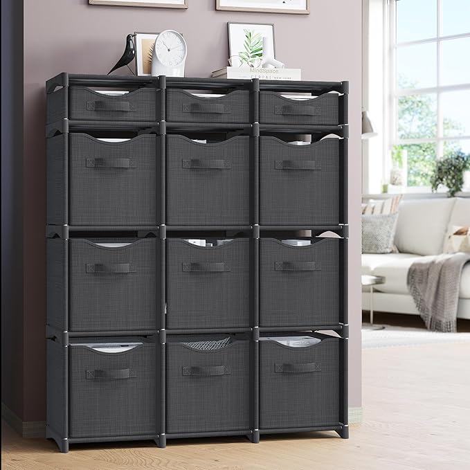 Cube Storage Organizer with 12 Storage Bins Included – Storage Cubes for Home Organization, Toy Storage, Office Storage, Living Room Storage, and General Storage Solution (Dark Grey)