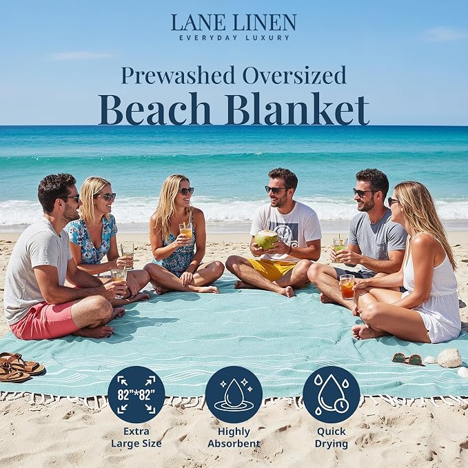 LANE LINEN Beach Blanket Sand Free, Picnic & Oversized Beach Towel - Aqua | Oversized Beach Towels, 82"x82" - Room For The Whole Family & Friends - Shakes Off Sand Easily- Roomy Family Size, Sand Free