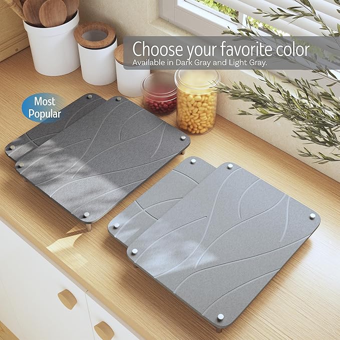 Nested Stone Drying Mat for Kitchen Counter | Large 16"x12" Dish Drying Mat plus 13"x12" Diatomaceous Earth Stone Dish Drying Mat | Expands to 29” x 12” | Premium Stone Mat (Light Gray)