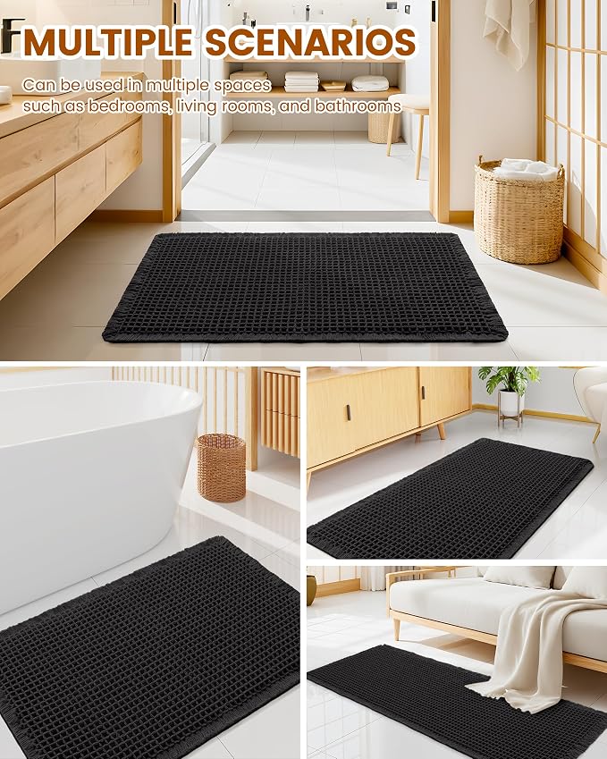 Smiry Waffle Bath Mat 47x24, Extra Soft Absorbent Bathroom Rugs, Non Slip Machine Washable Quick Dry Bath Rugs for Bathroom Floor, Tub, Shower, Home Decor Accessories, Black