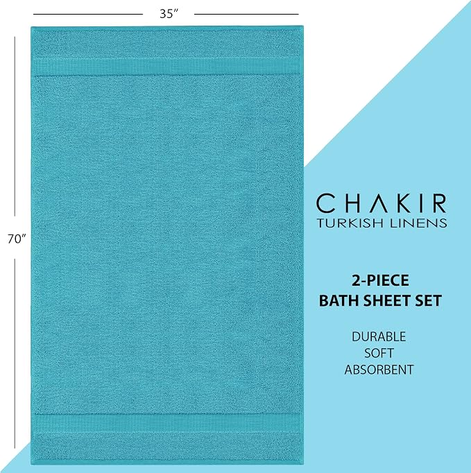 Chakir Turkish Linens 2 Piece Large Bath Sheets, 100% Cotton Luxury Turkish Towels for Bathroom, Soft Absorbent Oversized Bath Towels, 35 x 70 Inches, Aqua