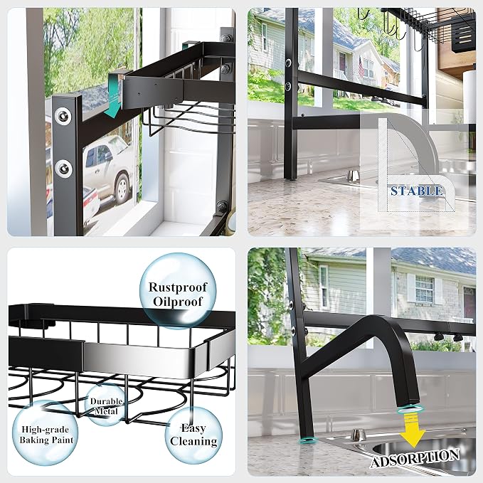 Over The Sink Dish Drying Rack, Adjustable 25.5-33.5 in, 2-Tier, Black | All-in-One Large Capacity, Snap-On Design for Flexible Use, Strong Metal Frame, Non-Slip Feet, Fits Sinks Up to 33" W