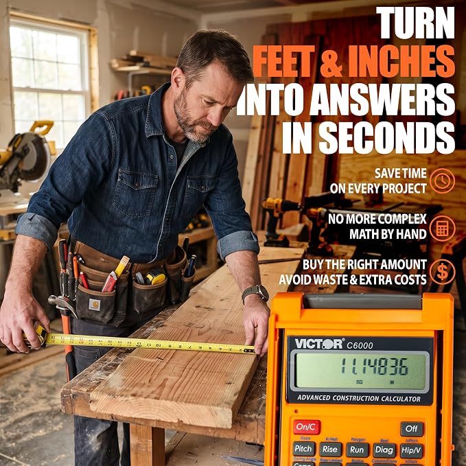 Victor C6000 Advanced Construction Calculator with Protective Case Displays in Fractional or Dimensional Forms Perfect for Carpenters, Renovators,Builders, Contractors, Estimators