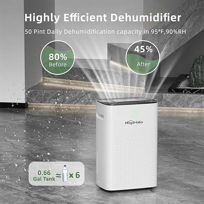 Hogarlabs 50 Pint Dehumidifier for Basement & Whole House, Covers 3500 Sq.Ft, with Drain Hose & Auto Humidity Control, Quiet for Bedroom, Bathroom, Garage, Large Room Dehumidifier