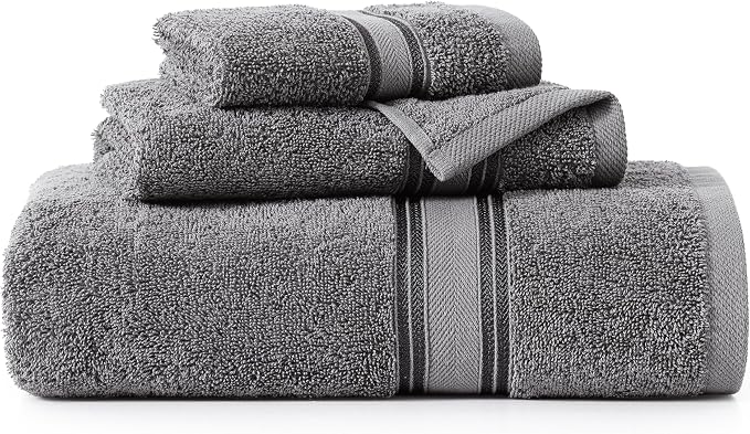 LANE LINEN Bathroom Towel Set 3 Piece Soft Absorbent Quick Dry - Cool Grey | Pack Of Towels - Coordinated Colors, Dobby Border Accent, OEKO-TEX Certified, Zero-Twist Durability, Zero-Twist Cotton