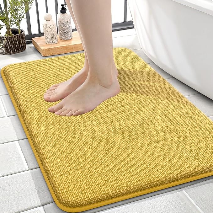 OLANLY Memory Foam Small Bathroom Rugs 24x16, Absorbent Bath Mat, Yellow | Soft Quick Dry Bath Mat Rugs, Non-Slip, Machine Washable Mat for Bathroom Floor, Tub and Shower, Home Decor Accessories