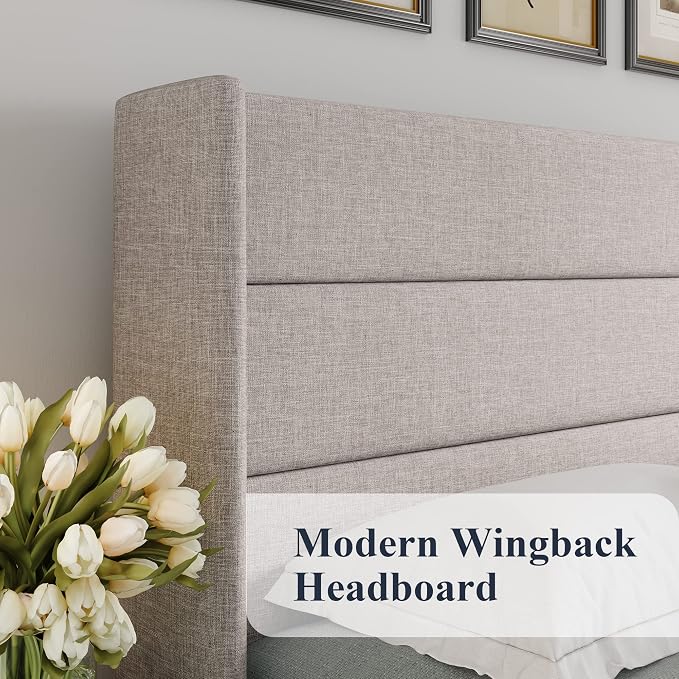 Allewie Queen Size Lift Up Hydraulic Storage Bed Frame Light Beige | Modern Wingback Headboard, Hydraulic Support Storage, No Box Spring Needed