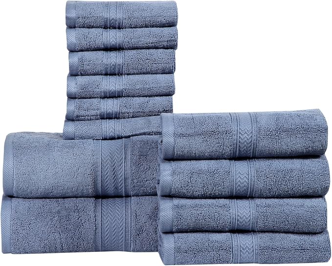 HILLFAIR 12 Piece- 600 GSM Cotton - Hotel Spa Towels Set- 2 Bath Towels, 4 Hand Towels, 6 Washcloths- Absorbent Super Soft Cotton Towels Set- Blue- 100% Cotton