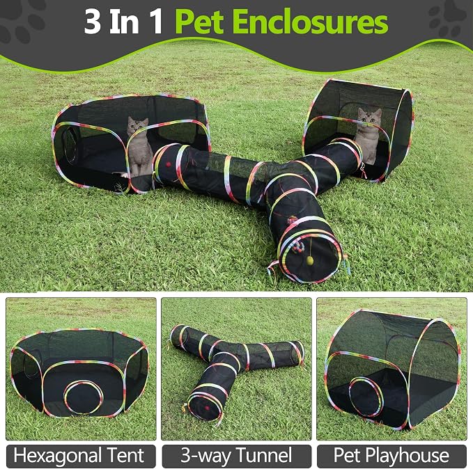 Outdoor Cat Enclosure, 3-in-1 Portable Pop Up Cat Mesh Tent with Tunnel for Cat Run, Easy Set Up and Foldable Catio Playground for Indoor Cats, Rabbits & Small Animals, Includes Storage Bag