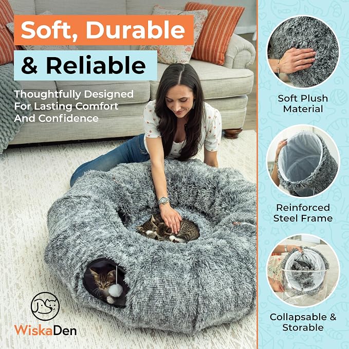 WiskaDen XL Plush Cat Tunnel Bed with Toy and Elderly Feline Access. 3-in-1 Dark Grey Fluffy Donut Cushion. Circle Tube for Indoor Cats Leisure, Hiding Spot, Dog Bed, or Rabbit Cave