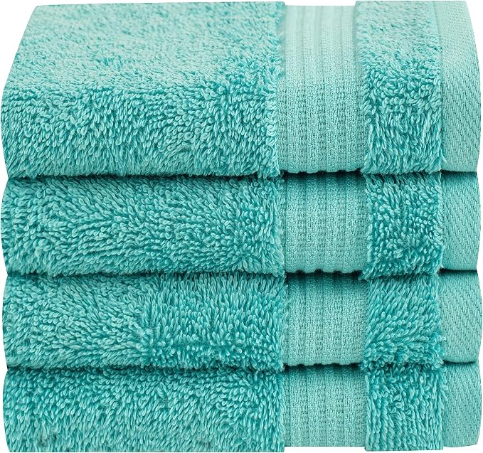 Cotton Paradise 100% Cotton Turkish Towel Set, Soft Absorbent Quick Dry, 4 Piece Washcloth Set, Turquoise Blue