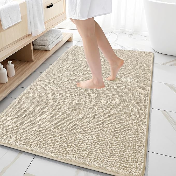 OLANLY Large Bathroom Rugs 59x35, Extra Soft Absorbent Chenille Bath Rugs, Rubber Backing Quick Dry, Machine Washable Bath Mats for Bathroom Floor, Tub and Shower, Home Decor Accessories, Sand