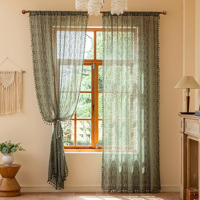 Sutuo Home Olive Green Boho Lace Curtains 2 Panels for Kitchen Kid's Room,Bohemian Floral Light Filtering Crochet Vintage Country Rustic Tassels Drape Privacy Window Treatments Rod Pocket, 50" x 63"