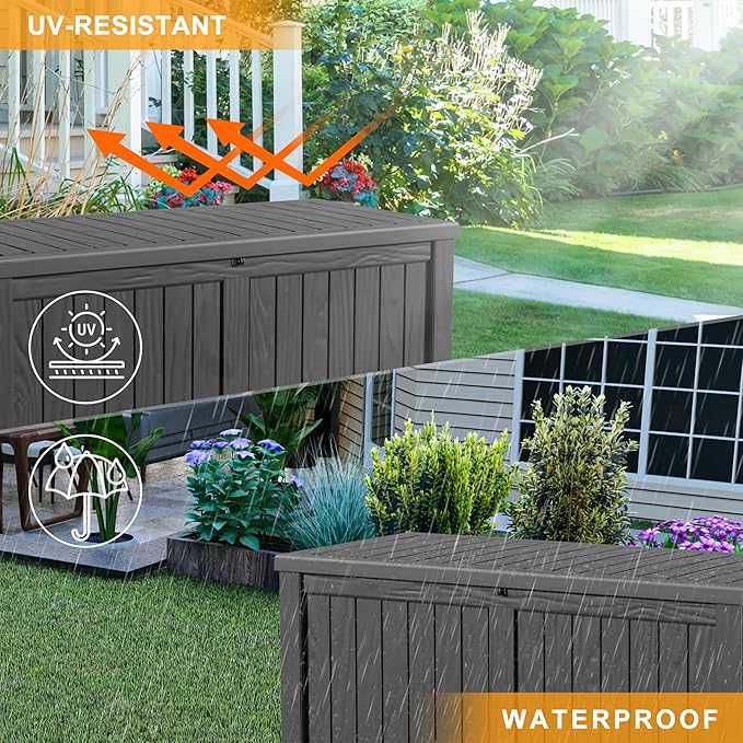 DRATO 150 Gallon Deck Boxes Outdoor Waterproof, Lockable Outdoor Storage Box for Patio Furniture Pool Supplies Garden Tools, Weatherproof Resin Storage Box for Backyard (Black, 150 Gallon)