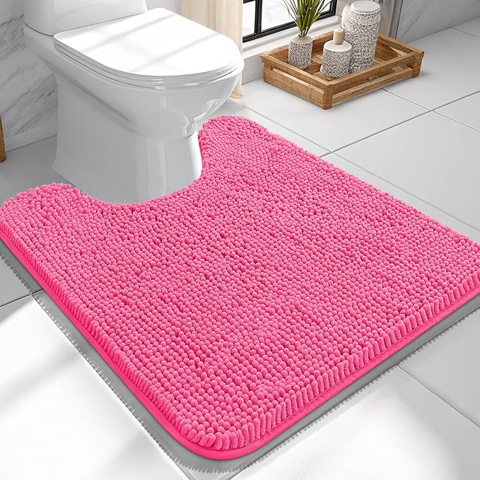 OLANLY Toilet Rugs U-Shaped 24x24, Extra Soft Absorbent Chenille Contour Bathroom Rugs for Toilet, Dry Quickly, Machine Washable, Non-Slip Bath Mat, Hot Pink