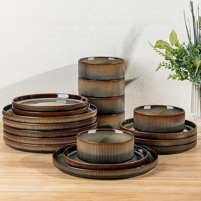 TheTerra Ceramic Dinnerware Sets for 6, 18 Pieces Porcelain Lightweight Plates and Bowls Sets, Scratch Resistant Dish Set, Oven & Microwave & Dishwasher Safe, Coca Mocha