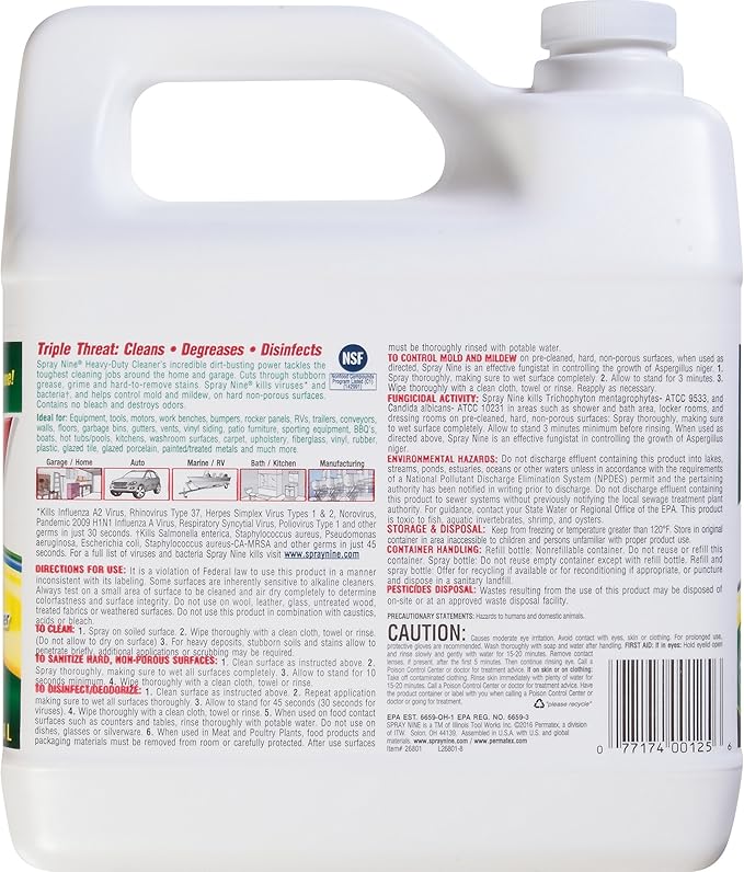 Spray Nine 26801 Heavy Duty Cleaner, Degreaser & Disinfectant for Home, Yard Equipment, Automotive & More - Refill for Spray Bottle 1 Gallon (Pack of 1)