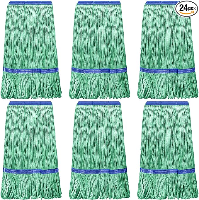 Eccliy 24 Pack Commercial Mop Heads Replacement Heavy Duty 18 oz Loop End Cotton String Wet Mop Refills Washable Absorbent Reusable for Industrial Home Tile Wood Concrete Floor (Green,Blue)