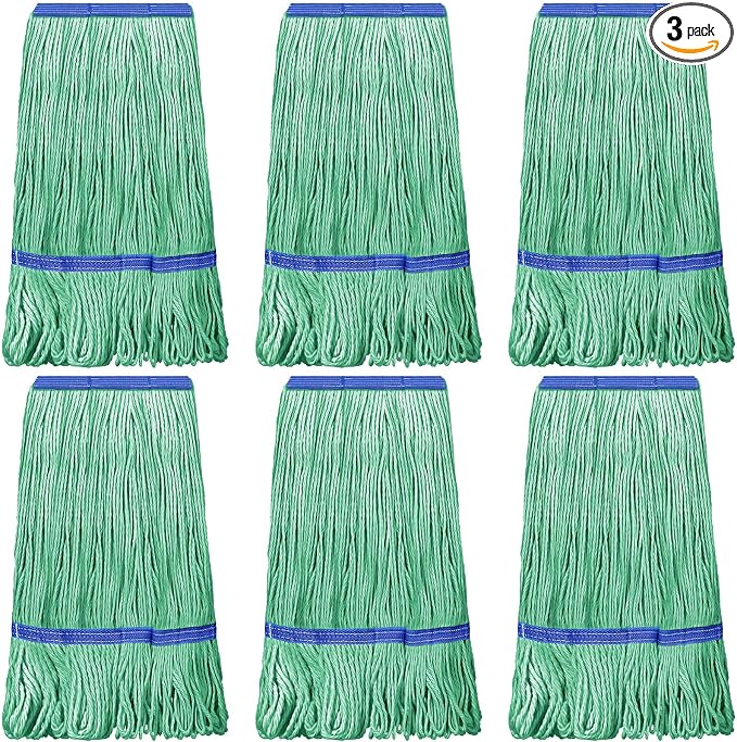 Eccliy 3 Pack Commercial Mop Heads Replacement Heavy Duty 18 oz Loop End Cotton String Wet Mop Refills Washable Absorbent Reusable for Industrial Home Tile Wood Concrete Floor (Green,Blue)