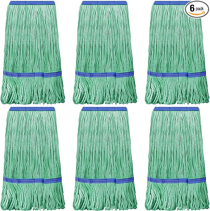 Eccliy 6 Pack Commercial Mop Heads Replacement Heavy Duty 18 oz Loop End Cotton String Wet Mop Refills Washable Absorbent Reusable for Industrial Home Tile Wood Concrete Floor (Green,Blue)