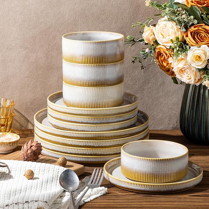 TheTerra Ceramic Dinnerware Sets for 4, 12 Pieces Porcelain Lightweight Plates and Bowls Sets, Scratch Resistant Dish Set, Oven & Microwave & Dishwasher Safe, Autumn Haze