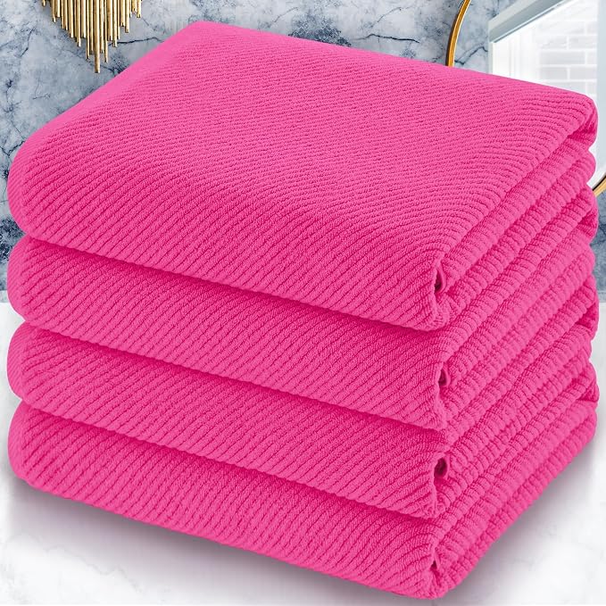 VOOVA & MOVAS Hot Pink Bath Towels 4PC, 100% Cotton, 30x56 in | Quick Dry, Thick, Soft, Absorbent, Luxury Shower Towels With Hanging Loops, Towel Gift Set