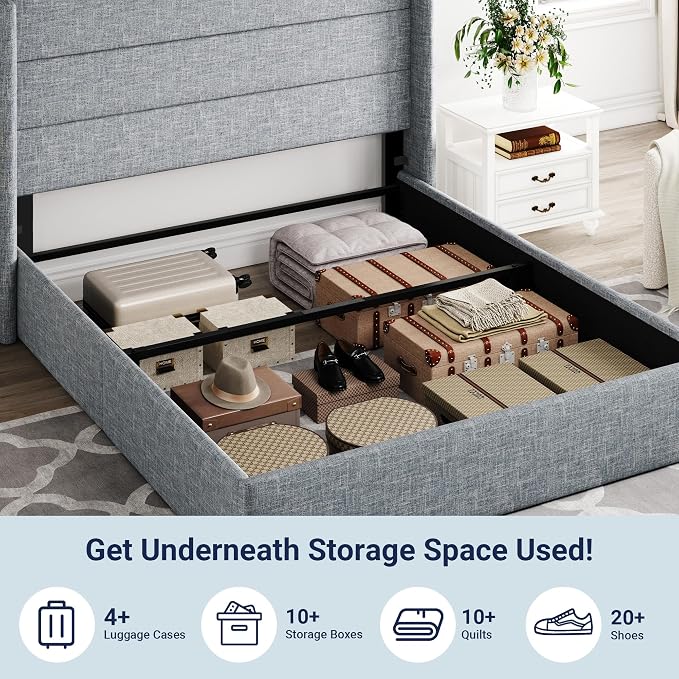 Allewie Full Size Lift Up Hydraulic Storage Bed Frame Blue Grey | Modern Wingback Headboard, Hydraulic Support Storage, No Box Spring Needed