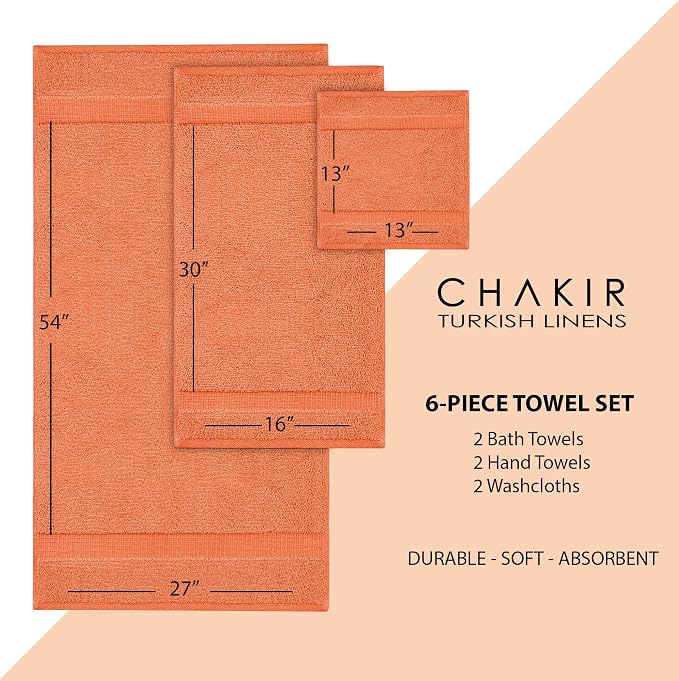 Chakir Turkish Linens 6 Piece Towels Set, 100% Cotton Luxury Turkish Towels for Bathroom, Soft Absorbent Bath Towel Set with 2 Bath Towels 2 Hand Towels 2 Washcloths, Coral