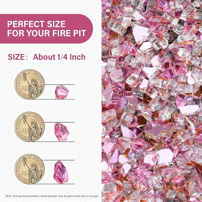 NUPICK 10 Pound Fire Glass, 1/4 Inch Reflective Fire Pit Glass | Tempered Fire Pit Rocks for Propane or Natural Gas, Glass Rocks for Fire Pit Table, Fireplace, Fire Bowl, Landscaping, Pink