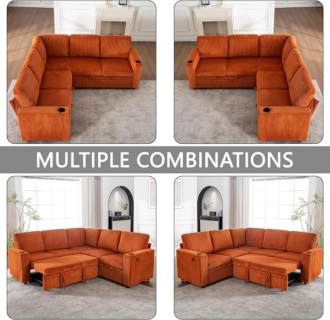 L-Shaped Sectional Sleeper Sofa with Pull Out Bed, Orange | Plush Corduroy Modular Couch with Storage, USB Charging, Cup Holders – Cozy Cloud Couches for Living Room, Easy Assembly