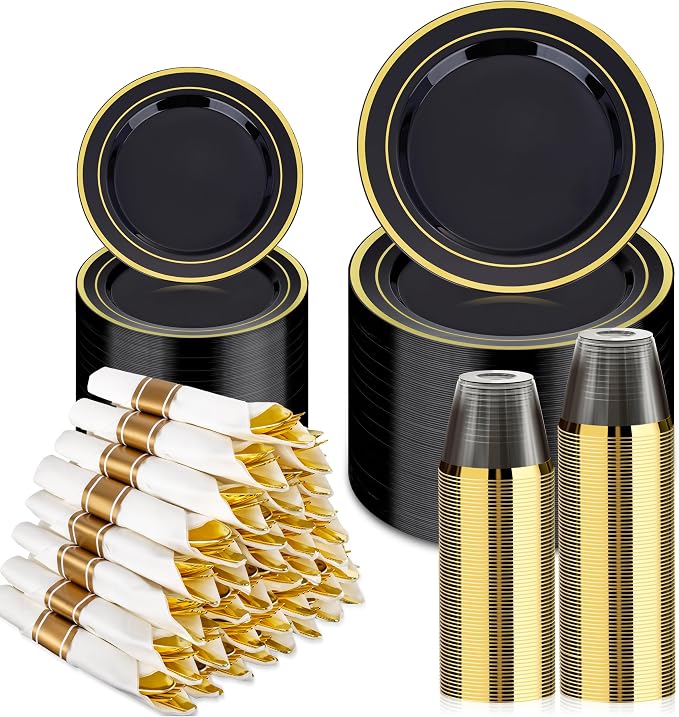 BESTVIP 525PCS Black Gold Dinnerware Set for 75 Guests, Plastic Plates for Halloween Party and Christmas, 75 Disposable Plates, 75 Dessert Plates, 75 Cups, 75 Spoons, 75 Forks and 75 Knives