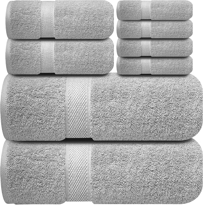 Infinitee Xclusives 100% Cotton Bath Towel Set – 8 Piece Bathroom Towel Set | (2 Bath Towels, 2 Hand Towels, 4 Washcloths) – Soft & Absorbent Towels for Bathroom - Gym, Shower, Spa & Hotel Use