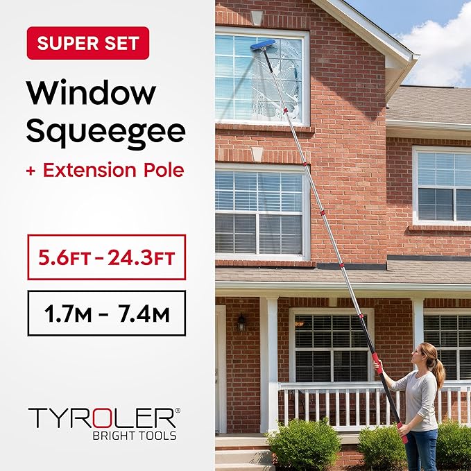 Tyroler Professional Window Squeegee with Extension Pole | Squeegee for Windows Cleaning | Outdoor Window Cleaner Tool, Windows Washing Kit with Extension Pole | Window Cleaning Kit (24.3 feet)