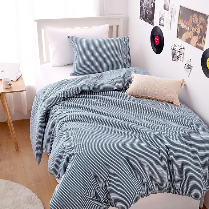 Wake In Cloud - Striped Cotton Duvet Cover Set, 100% Washed Cotton Textured Bedding Set, Ticking Stripe Pinstripe Farmhouse, 3 Pieces, Denim Blue, Twin/Twin XL Size