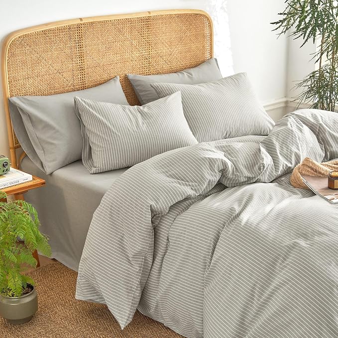 Wake In Cloud - Striped Cotton Duvet Cover Set, 100% Washed Cotton Textured Bedding Set, Ticking Stripe Pinstripe Farmhouse, 3 Pieces, Light Grey, Queen Size