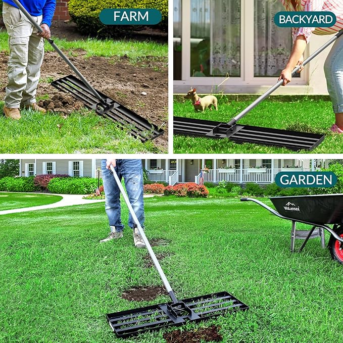 Walensee Large Lawn Leveling Rake, 45"x10" Leveler with 7FT Handle for Soil | 45X10 Inch Steel Head, Topdressing Spreader, Soil Sand Smoothing, Reinforced Lock Handle, Large Lawn Repair, Landscaping