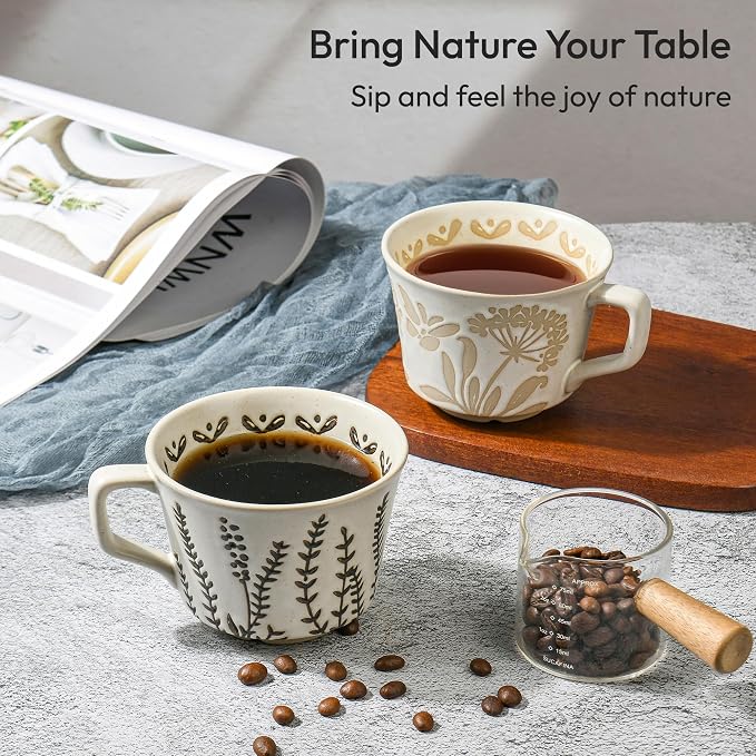 11 oz Ceramic Coffee Mug, Stoneware Teacup with Handle | Small Novelty Unique Cup for Tea Mocha Latte Cappuccino, Microwave Dishwasher Safe (Set of 4, Plants)