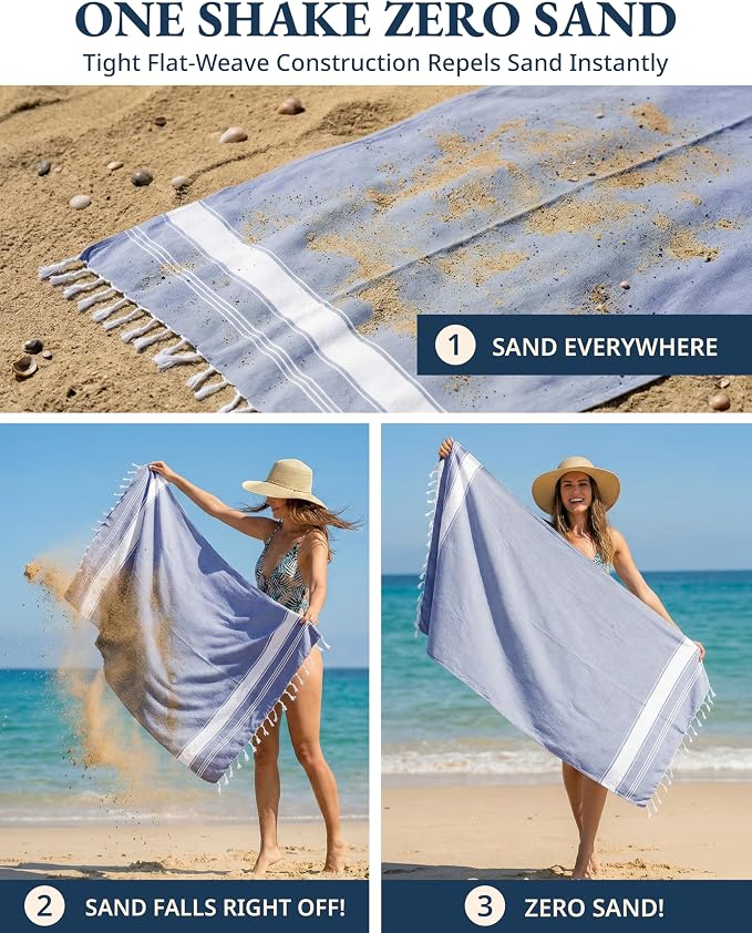 LANE LINEN Turkish Beach Towels, Super Absorbent, Quick Dry - Forever Blue | 2 Pack Extra Large Beach Towel - Pre-Washed for Soft Feel - Oversized Sand Free Quick-Dry Pool Towel - 39"x71", Picnic Ready