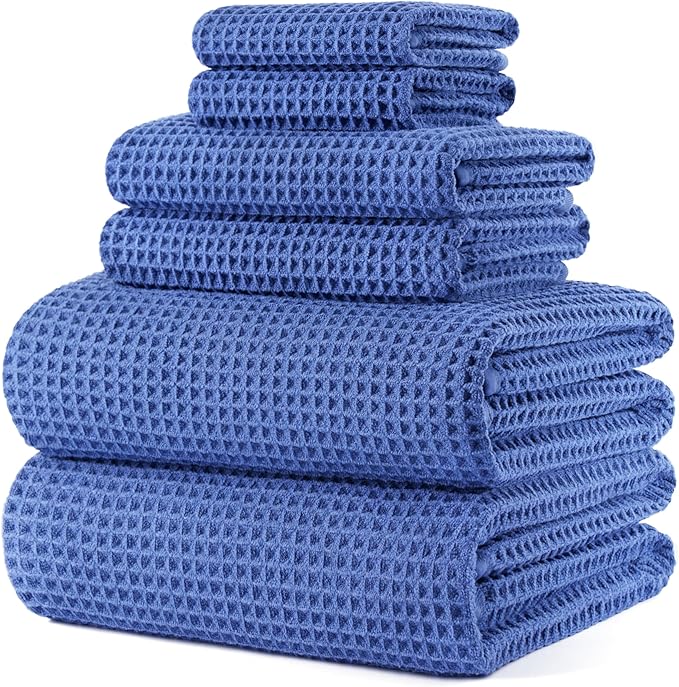POLYTE 430 GSM Microfiber Quick Dry Lint Free Oversize Bath Towel Set, 6 Piece (Waffle Weave)